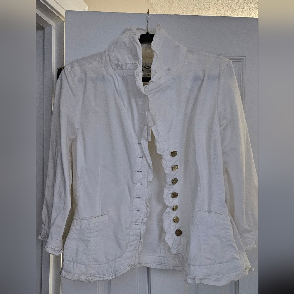 White Ruffled Jacket with Gold Buttons
